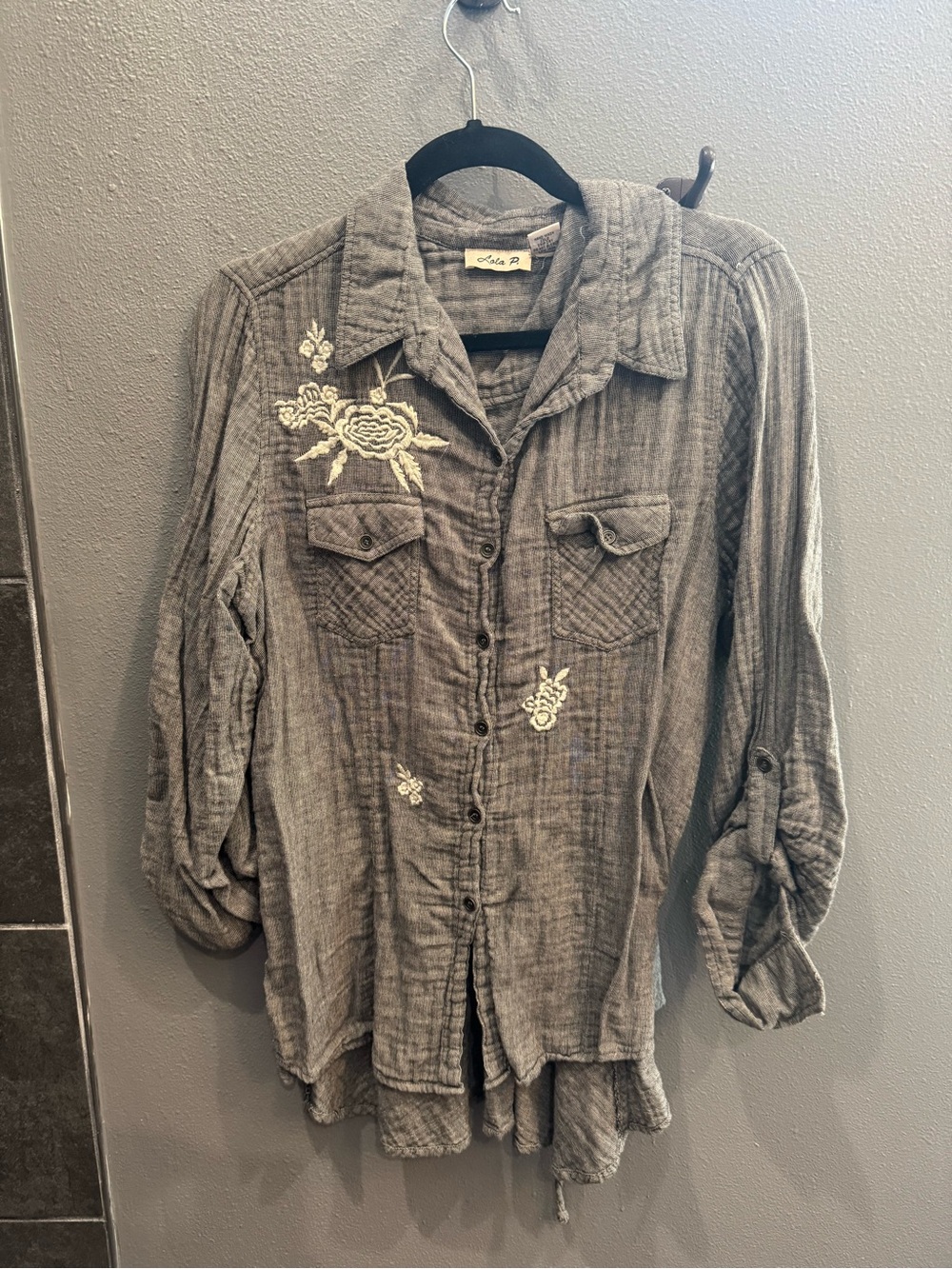 lola Charcoal Gray Textured Cotton Shirt